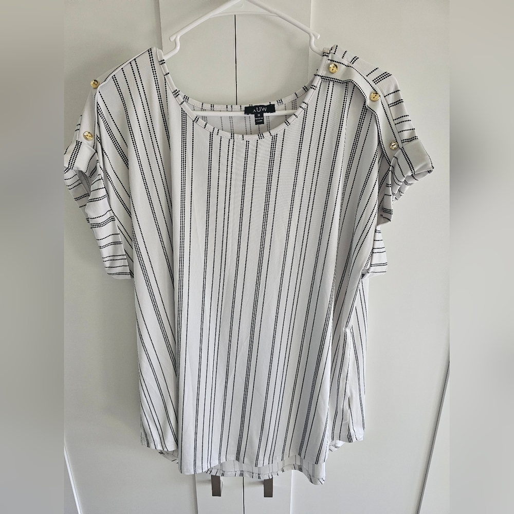 AUW Women's Striped White Top with Gold Button Accents 1x